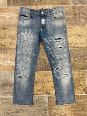 Philipp Plein Distressed Blue Jeans Super Straight Cut "Premium" Size 30